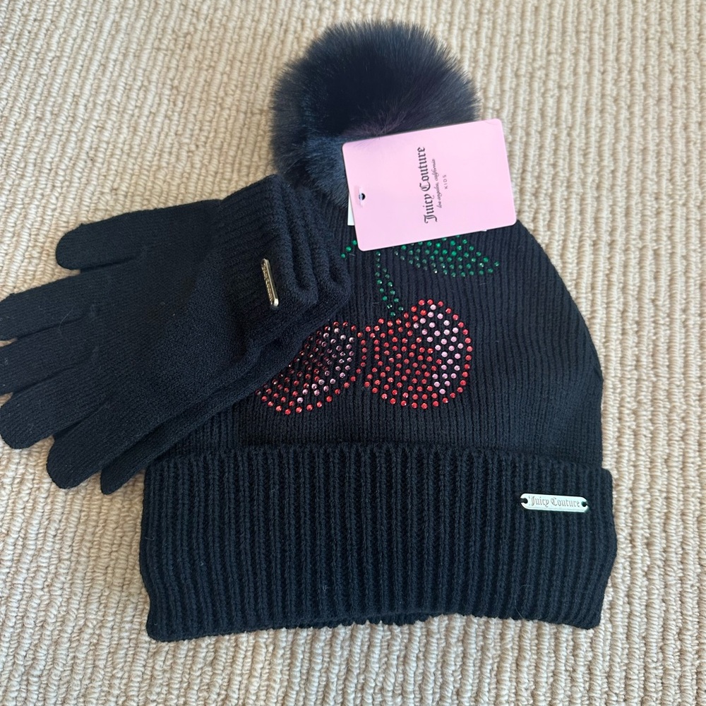 New kids Juicy Couture Black Beanie and Gloves Set 🍒